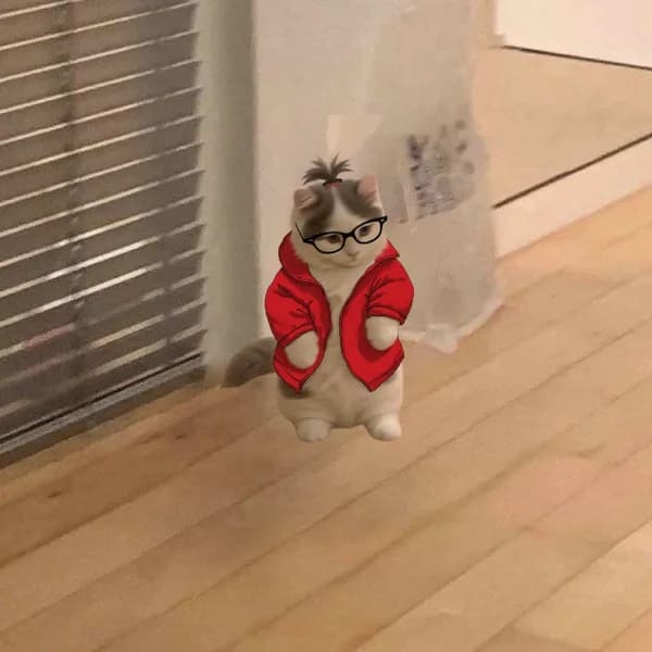 michi with red jacket and pony tail