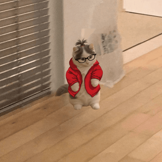 michi with red jacket and pony tail